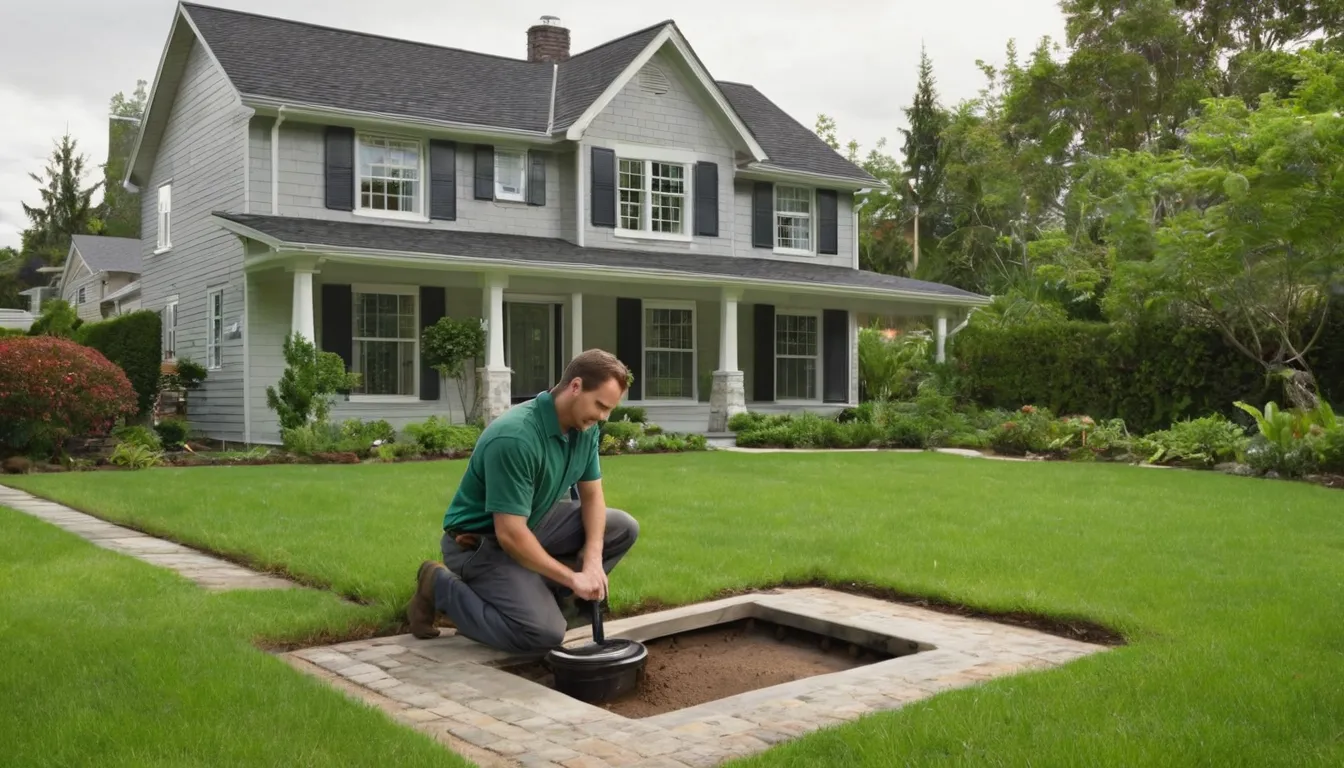A septic provider checking an access lid in a backyard of a home in the New Castle area