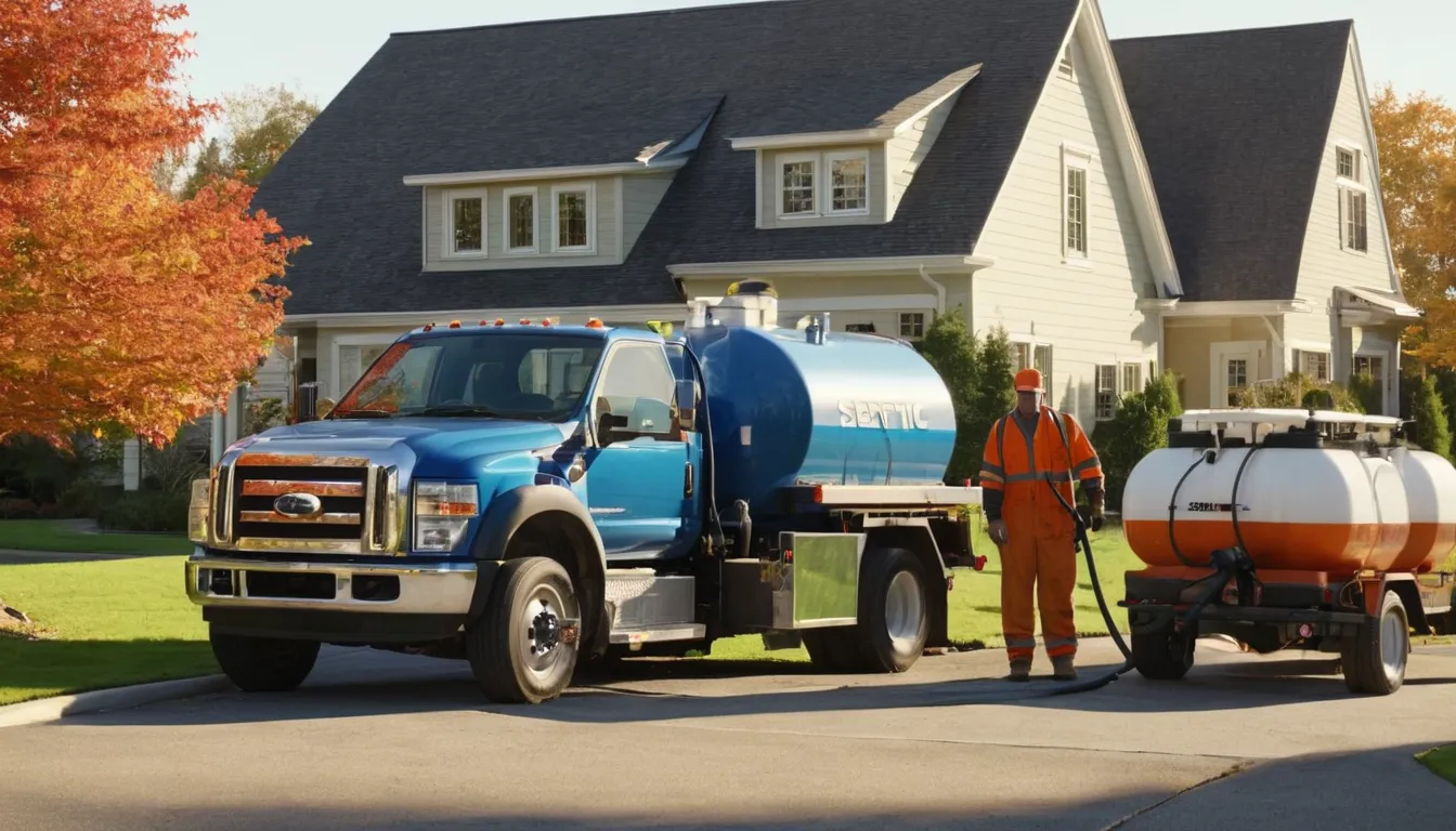 Septic provider pumping a residential tank in a yard near New Castle